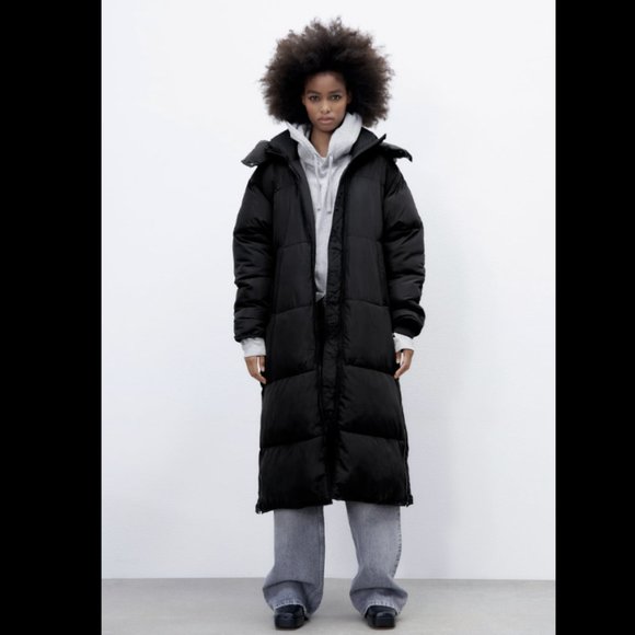 ZARA WOMEN NEW EXTRA-LONG WATER-REPELLENT PUFFER COAT BLACK 4391/700 BLOGGERS - Picture 5 of 15